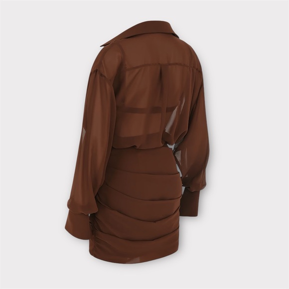 HOUSE of CB Small NWT CLEO Chocolate Chiffon Shirt Dress - Picture 3 of 16